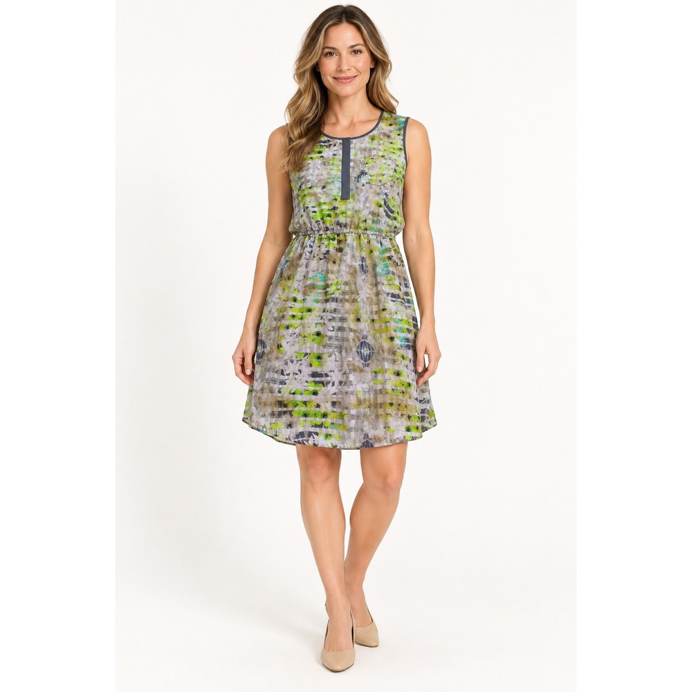Apt 9 Womens Sleeveless Dress Large Lime Green Gray Floral Plaid Elastic Waist L